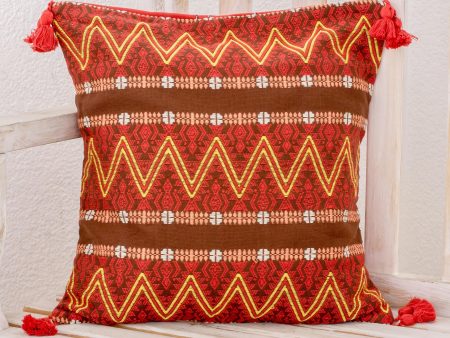 Zigzag Paths in Chestnut Zigzag Motif Cotton Cushion Cover in Chestnut from Guatemala Online