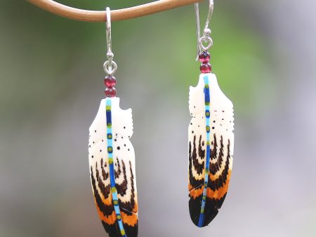 Antique Feathers Hand-Painted Bone and Amethyst Feather Dangle Earrings Online Sale