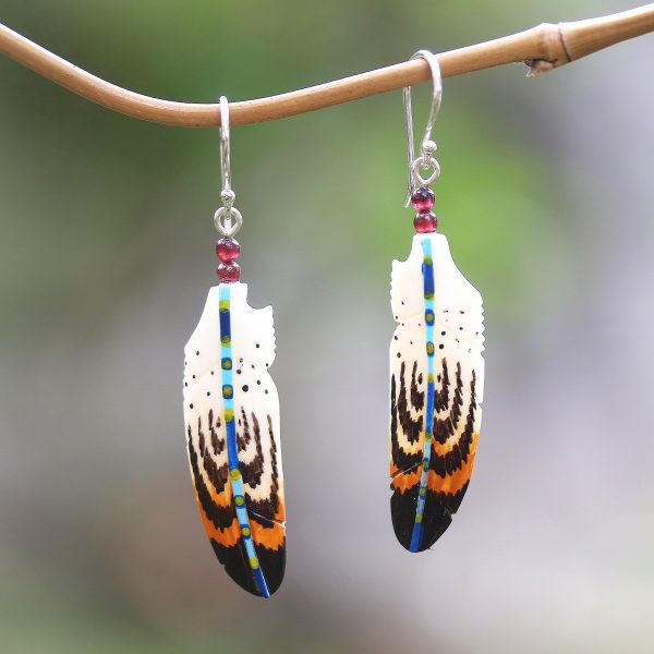 Antique Feathers Hand-Painted Bone and Amethyst Feather Dangle Earrings Online Sale