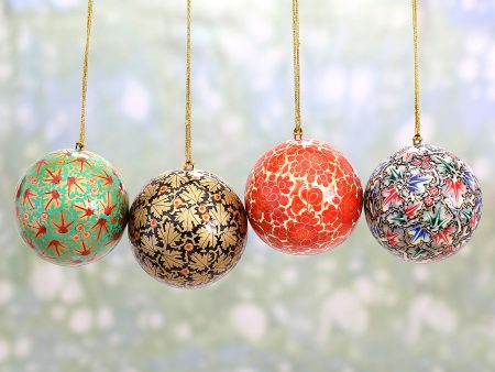 Alluring Baubles Set of Four Round Colorful Papier Mache Ornaments from India Online Sale