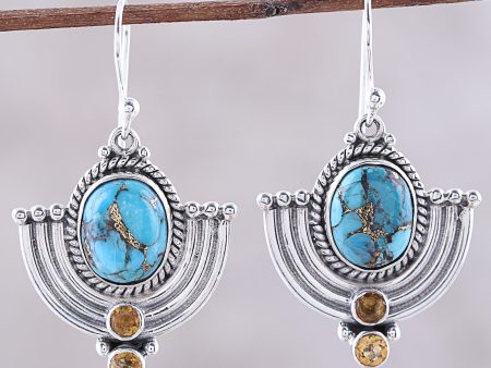 Blue Flame Citrine and Blue Composite Turquoise Dangle Earrings Fashion