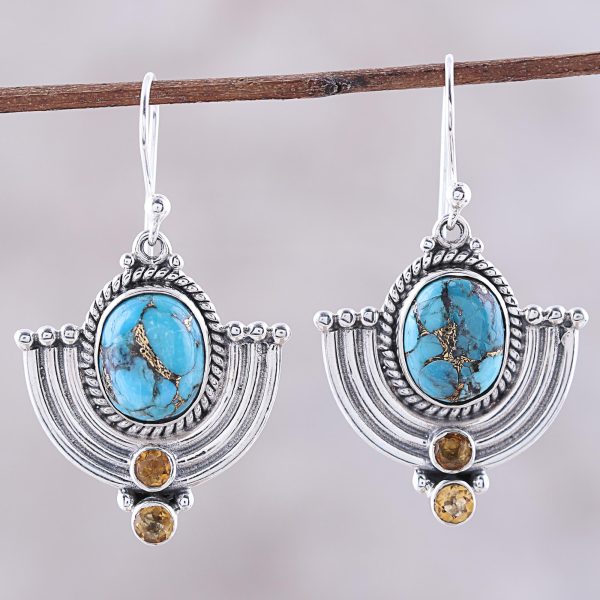 Blue Flame Citrine and Blue Composite Turquoise Dangle Earrings Fashion