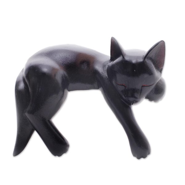 Black Catnap Balinese Signed Hand-Carved Sleeping Black Cat Sculpture Sale