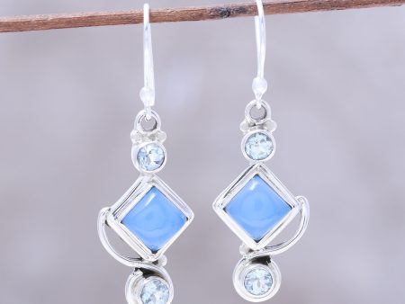 Beauty of the Seas Blue Topaz and Chalcedony Dangle Earrings Handmade in India For Cheap