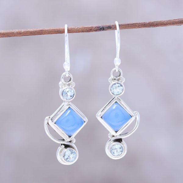 Beauty of the Seas Blue Topaz and Chalcedony Dangle Earrings Handmade in India For Cheap