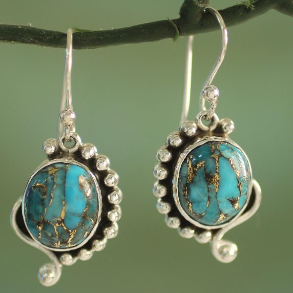 Blue Indian Paisley Handcrafted Composite Turquoise Sterling Silver Earrings on Sale