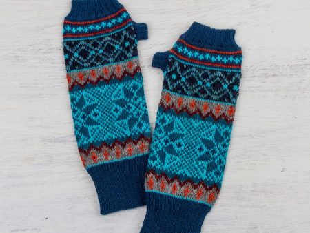 Andean Snowfall 100% Alpaca Fingerless Gloves in Azure and Smoke from Peru Cheap