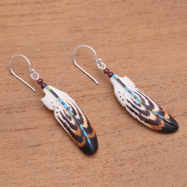 Antique Feathers Hand-Painted Bone and Amethyst Feather Dangle Earrings Online Sale