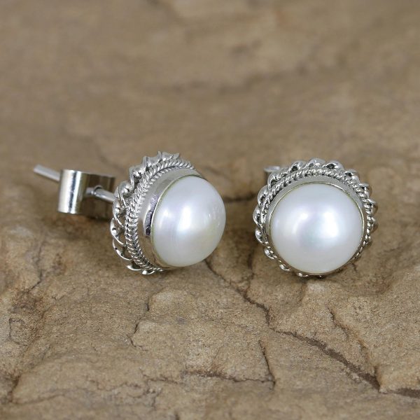 Blossoming Purity Cultured Pearl Earrings in Sterling Silver from India Online Hot Sale