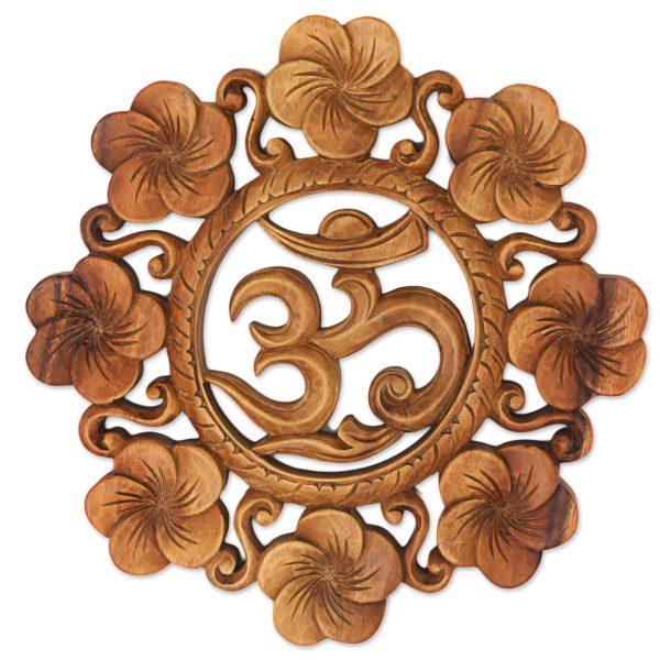 Blooming Om Suar Wood Wall Relief Panel Floral Om from Indonesia Cheap