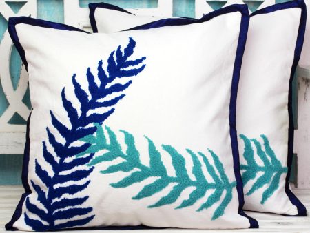 Alluring Leaves 100% Cotton Blue and White Cushion Covers from India (Pair) Fashion