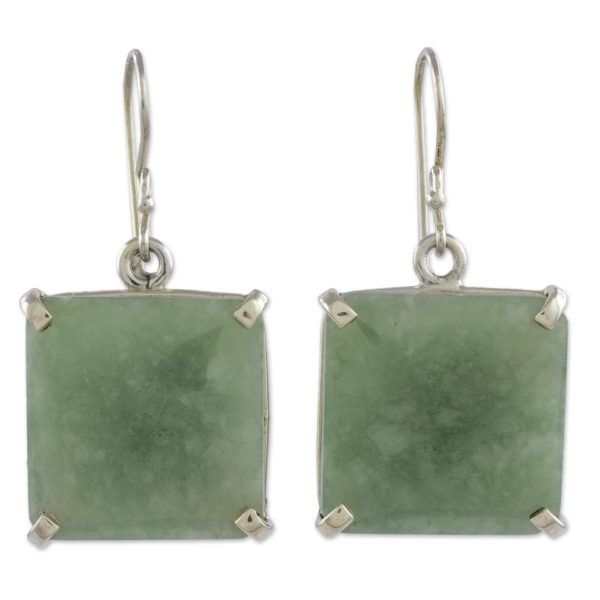 Abstract Square Minimalist Silver and Apple Green Jade Artisan Earrings For Cheap