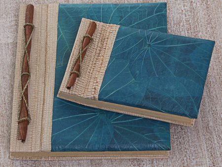 Autumn Spirit in Blue Handcrafted Pair of Rice Paper Notebooks from Indonesia For Cheap