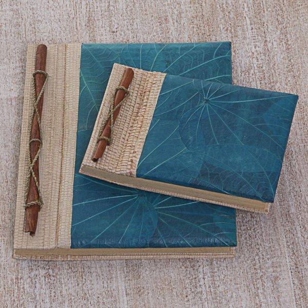 Autumn Spirit in Blue Handcrafted Pair of Rice Paper Notebooks from Indonesia For Cheap