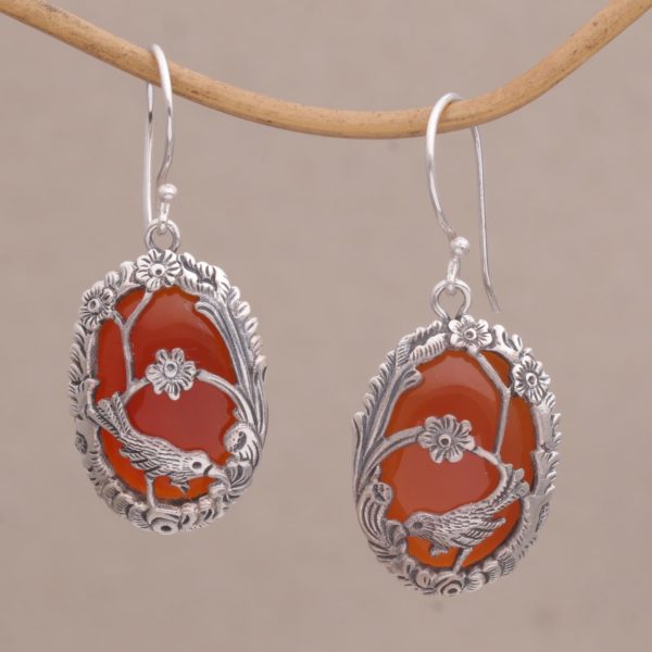 Avian Curiosity Carnelian and 925 Silver Bird Dangle Earrings from Bali on Sale