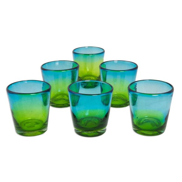 Aurora Tapatia Mexican Green Blue 8 oz Rocks Glasses Hand Blown Set of 6 Online