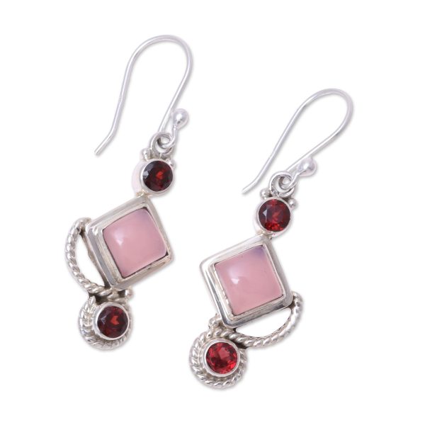 Beauty of the Horizon Garnet and Pink Chalcedony Dangle Earrings Handmade in India For Discount