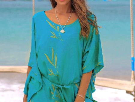 Balinese Breeze in Turquoise Batik Rayon caftan in Turquoise and Lemon Online now