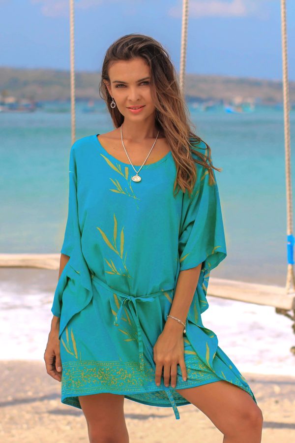 Balinese Breeze in Turquoise Batik Rayon caftan in Turquoise and Lemon Online now