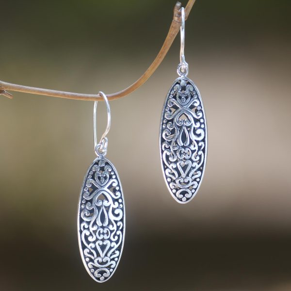 Balinese Floral Engraved Sterling Silver Dangle Earrings with Floral Motif Online