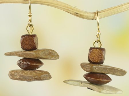 African Monolith Sese Wood Coconut Shell and Plastic Earrings from Ghana on Sale