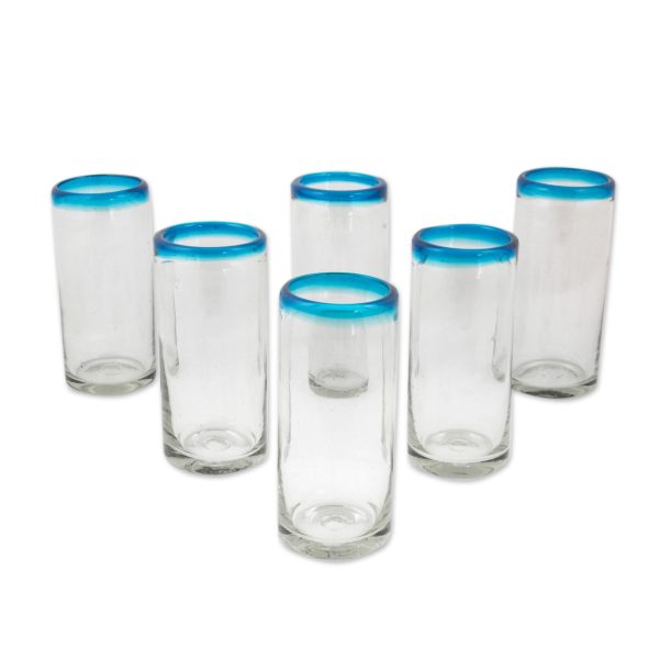 Aquamarine Kiss Set of 6 Aqua Rim Hand Blown Clear 11 oz High Ball Glasses Fashion