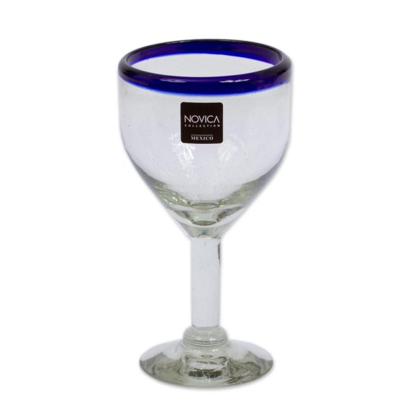 Blue Cancun Handblown Glass Recycled Wine Drinkware Goblets (Set of 6) For Cheap