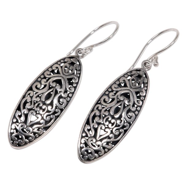 Balinese Floral Engraved Sterling Silver Dangle Earrings with Floral Motif Online