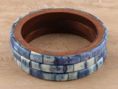 Blue Saga Blue Bone and Mango Wood Bangle Bracelets (Set of 3) For Discount