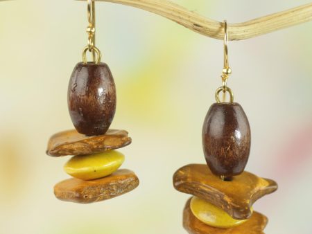 Yellow Prosperity Sese Wood and Coconut Shell Dangle Earrings from Ghana Discount