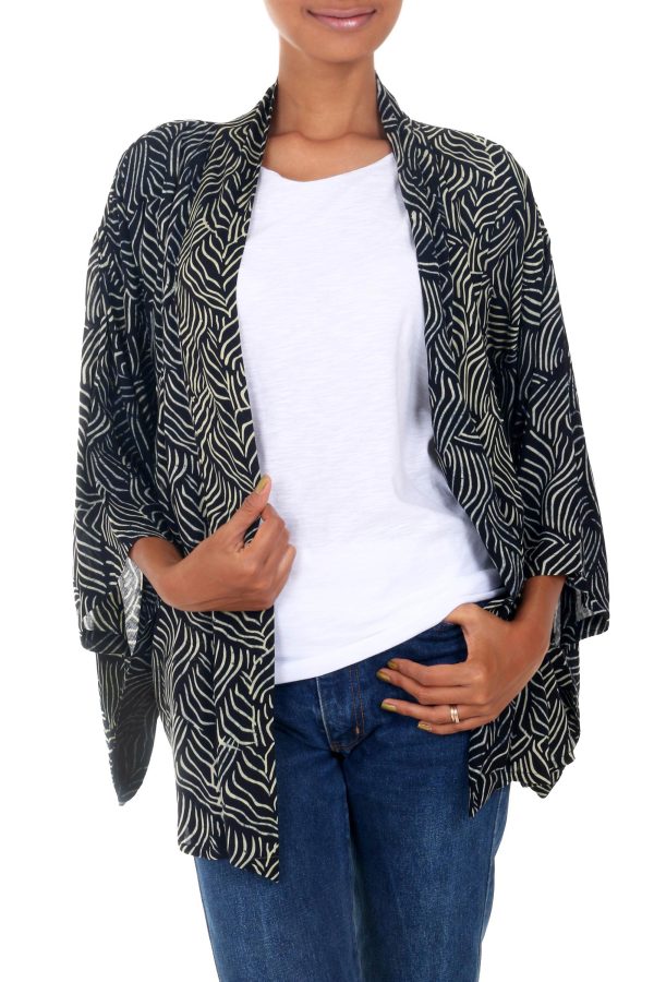 Bedeg Black and Ecru Rayon Batik Women s Open Front Jacket Online Sale