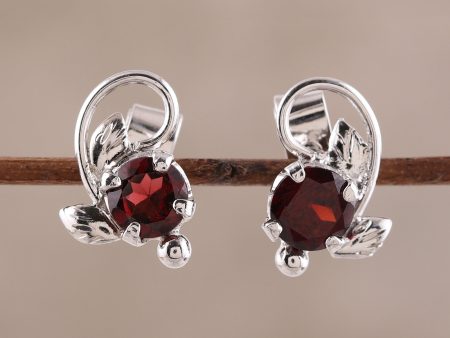 Blissful Radiance Leafy Rhodium Plated Garnet Stud Earrings from India Fashion