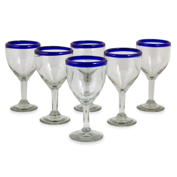 Blue Cancun Handblown Glass Recycled Wine Drinkware Goblets (Set of 6) For Cheap