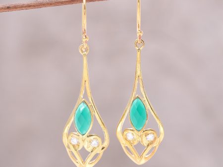 Bejeweled Rain Drops Gold Plated Green Onyx and Cubic Zirconia Dangle Earrings For Sale