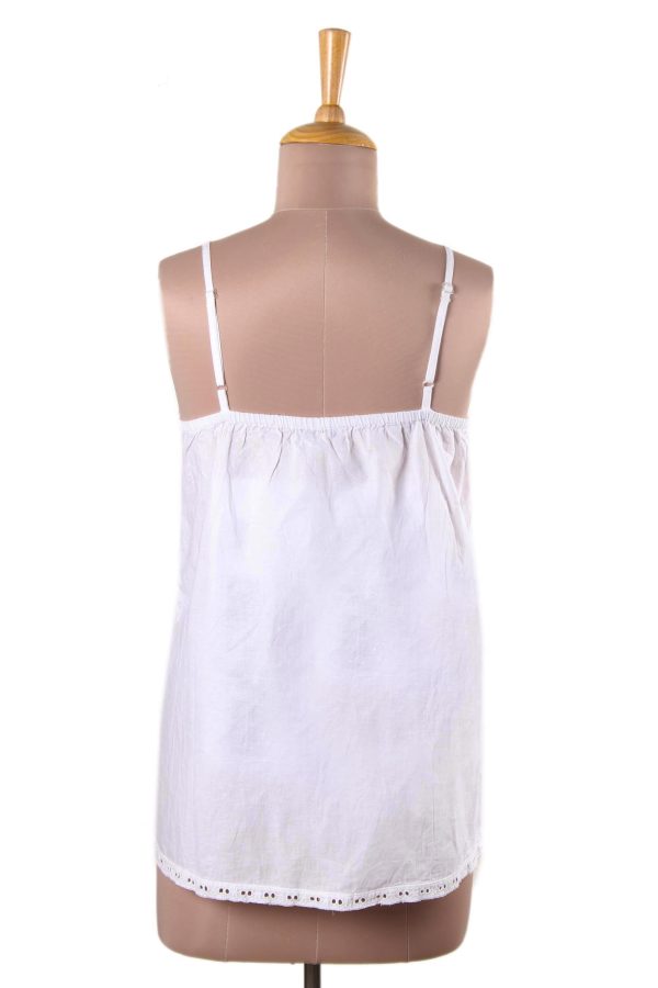 Beautiful Summer Floral Embroidered White Cotton Tank Top from India Discount