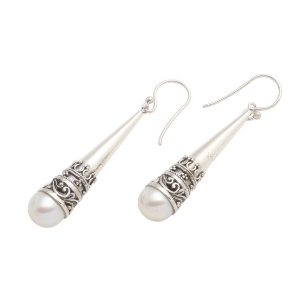 Bali Cornet Sterling Silver Cone Dangle Earrings with Cultured Pearl Discount