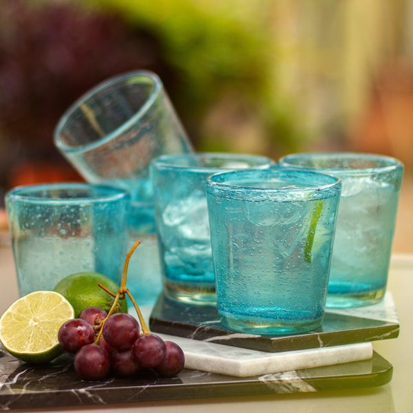 Aquamarine Bubbles Set of 6 Aquamarine Hand Blown 10 oz Juice Glasses For Sale