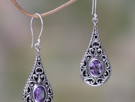 Balinese Dew Artisan Crafted Earrings with Sterling Silver and Amethyst For Sale