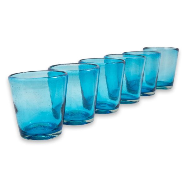 Aquamarine Bubbles Set of 6 Aquamarine Hand Blown 10 oz Juice Glasses For Sale