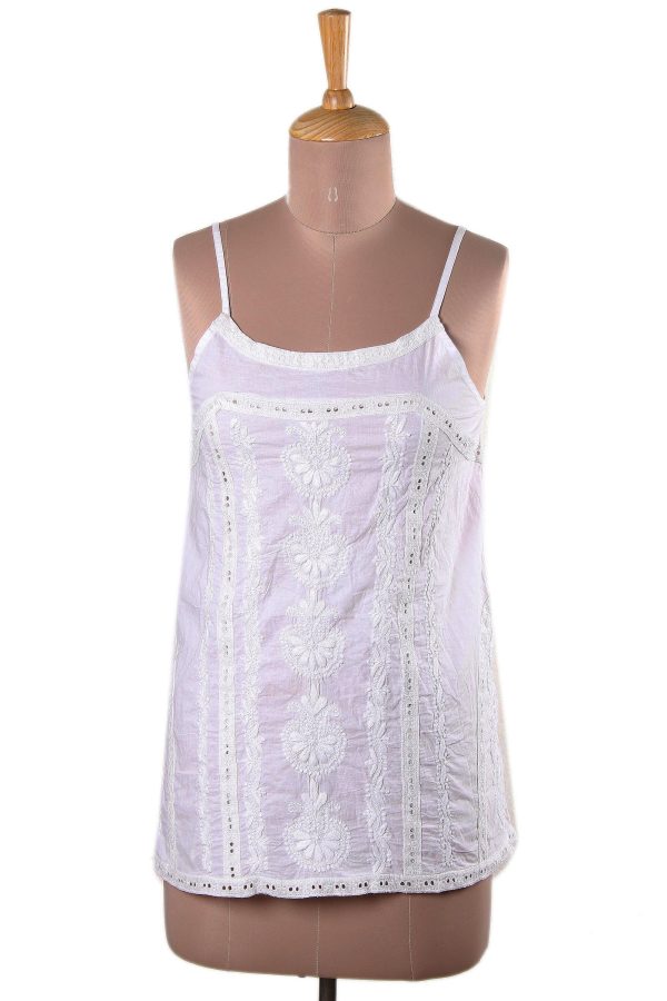 Beautiful Summer Floral Embroidered White Cotton Tank Top from India Discount