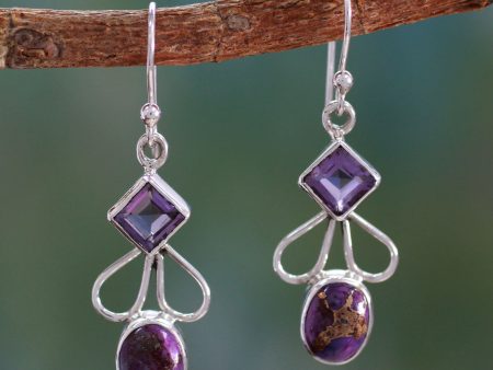 Bollywood Purple Amethyst Comp Turquoise and Silver Artisan Crafted Earrings Online Hot Sale