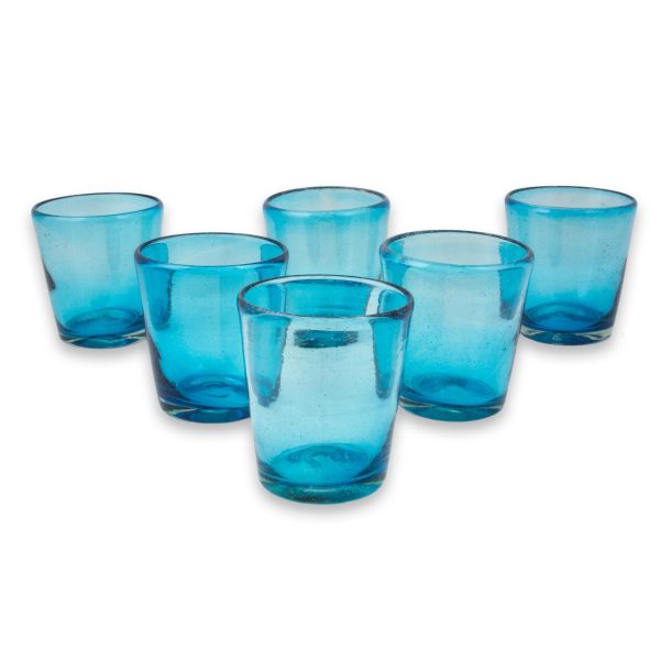 Aquamarine Bubbles Set of 6 Aquamarine Hand Blown 10 oz Juice Glasses For Sale