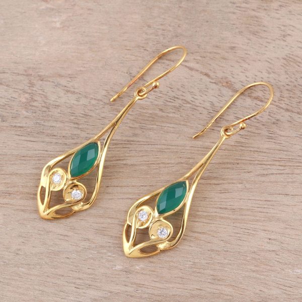 Bejeweled Rain Drops Gold Plated Green Onyx and Cubic Zirconia Dangle Earrings For Sale