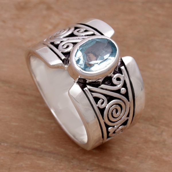 Blue Karma Artisan Crafted Sterling Silver Wide Ring with Blue Topaz Fashion