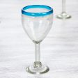 Aquamarine Kiss Clear with Aqua Rim Hand Blown 8 oz Wine Glasses (Set of 6) Fashion