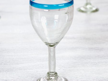 Aquamarine Kiss Clear with Aqua Rim Hand Blown 8 oz Wine Glasses (Set of 6) Fashion