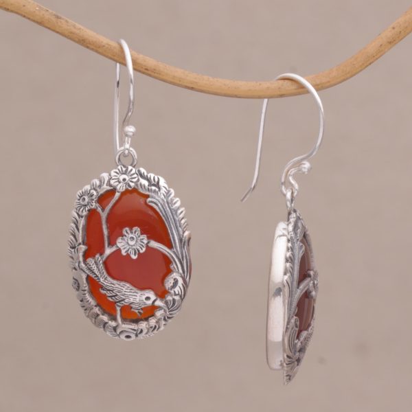 Avian Curiosity Carnelian and 925 Silver Bird Dangle Earrings from Bali on Sale