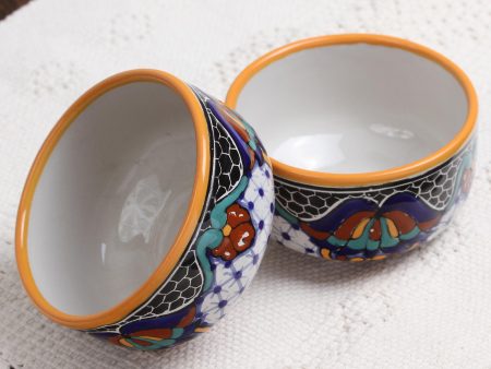 Zacatlan Flowers Hand-Painted Ceramic Bowls from Mexico (Pair) For Discount