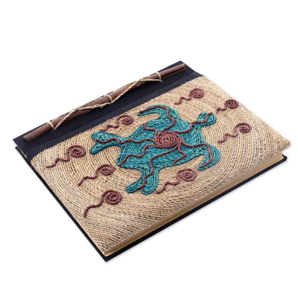 Blue Turtle Handmade Natural Fiber Blank 50-pg Journal with Turtle Motif on Sale