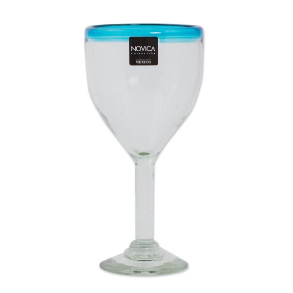 Aquamarine Kiss Clear with Aqua Rim Hand Blown 8 oz Wine Glasses (Set of 6) Fashion